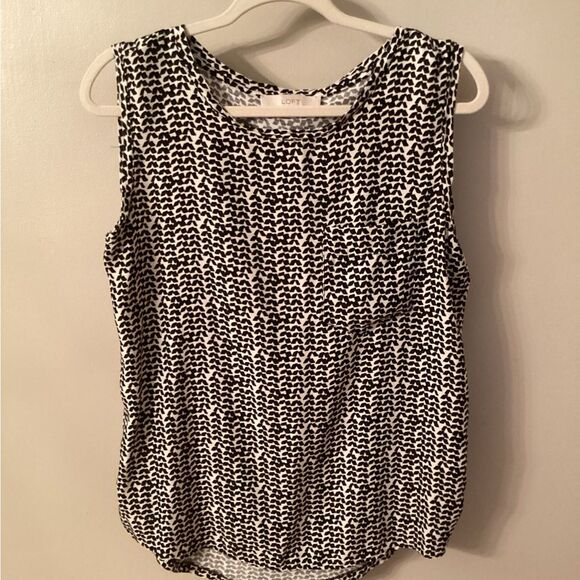 LOFT SIZE MEDIUM CREAM AND BLACK PRINT SLEEVELESS POLYESTER BLOUSE - Picture 2 of 7